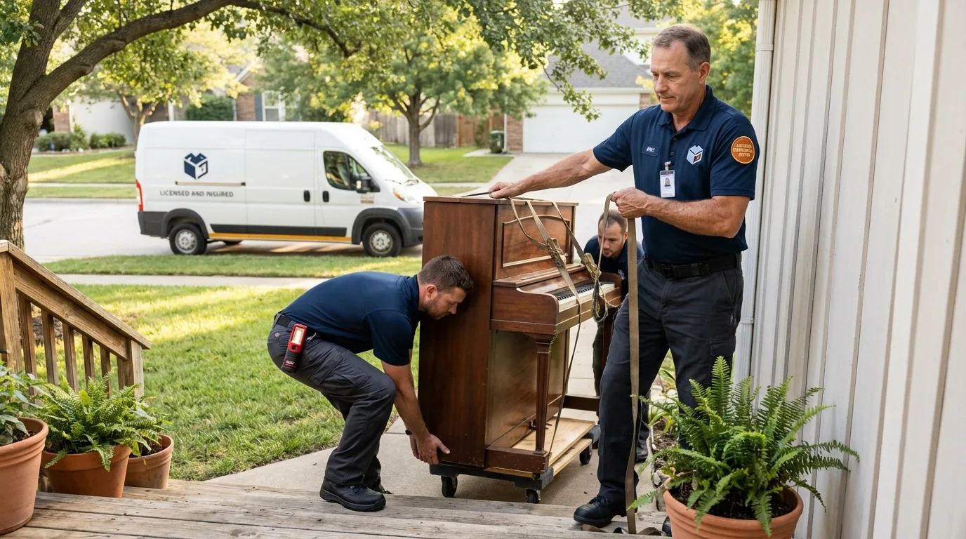 Licensed piano movers securing grand piano in Ladera Ranch, CA