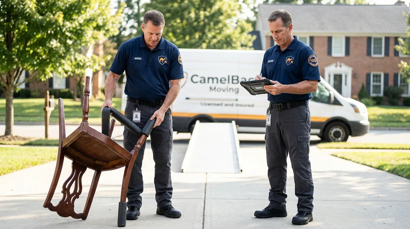 Movers inspecting furniture for damage prevention before loading in Ladera Ranch, CA