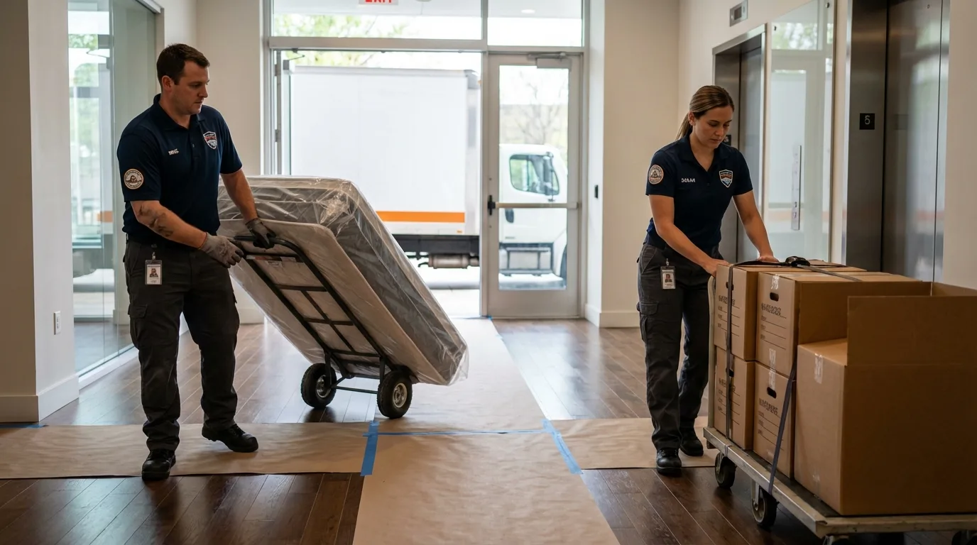 Professional apartment movers loading elevator in Ladera Ranch, CA
